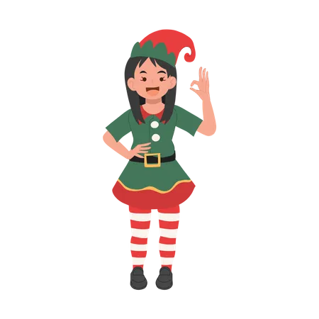 Young Christmas Elf Kid Is Doing OK Hand Sign Vector Illustration Illustration