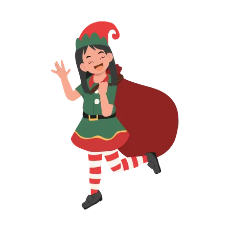 Young christmas elf girl with santa gift sack  イラスト