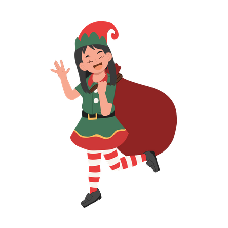 Young christmas elf girl with santa gift sack  Illustration