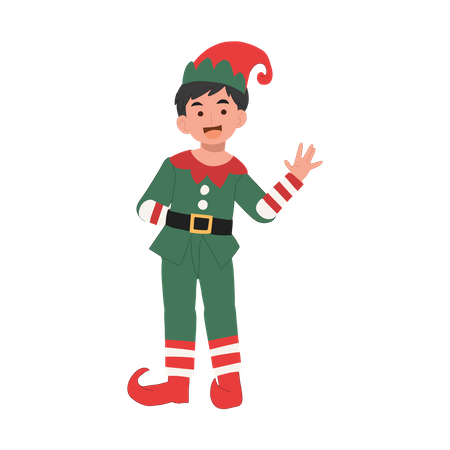 Young christmas elf kid is saying 'Hi' merry christmas  Illustration