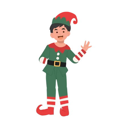 Young christmas elf kid is saying 'Hi' merry christmas  Illustration