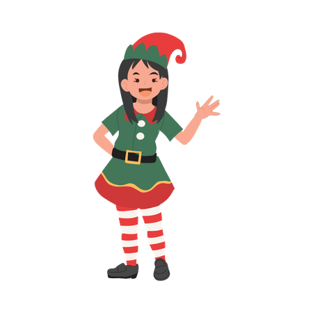 Young christmas elf kid is saying 'Hi' merry christmas  Illustration