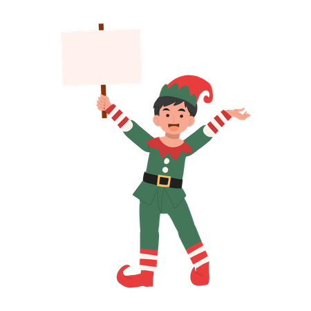 Young christmas elf kid is showing signboard Illustration