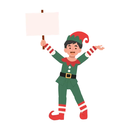 Young christmas elf kid is showing signboard  Illustration