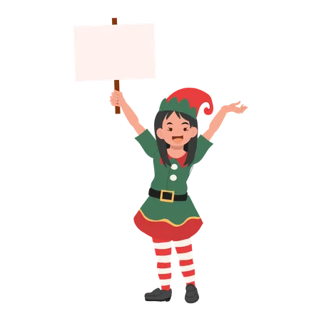 Young Christmas Elf Kid Is Showing Signboard Vector Illustration Illustration