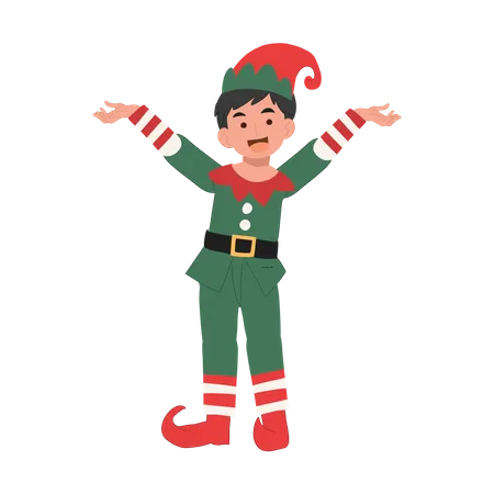 Young Christmas Elf Kid Is Showing Something Vector Illustration Illustration