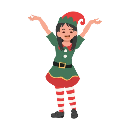 Young Christmas Elf Kid Is Showing Something Vector Illustration Illustration