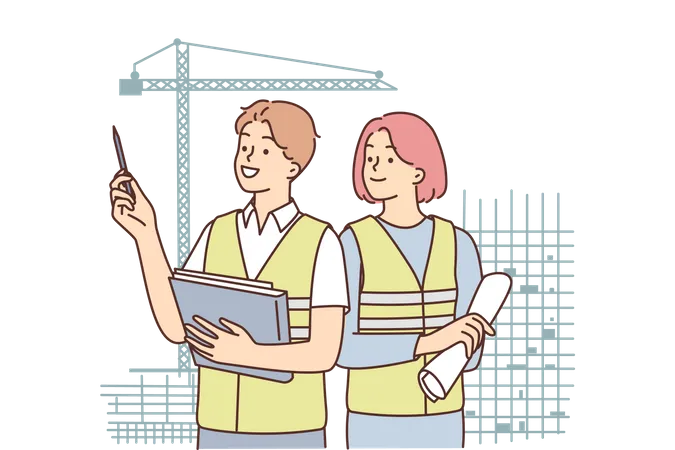 Young civil engineers talking about construction  Illustration