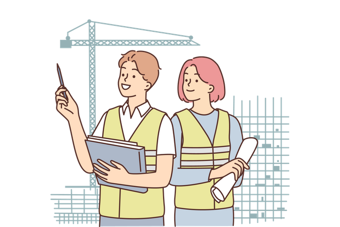 Young civil engineers talking about construction  Illustration