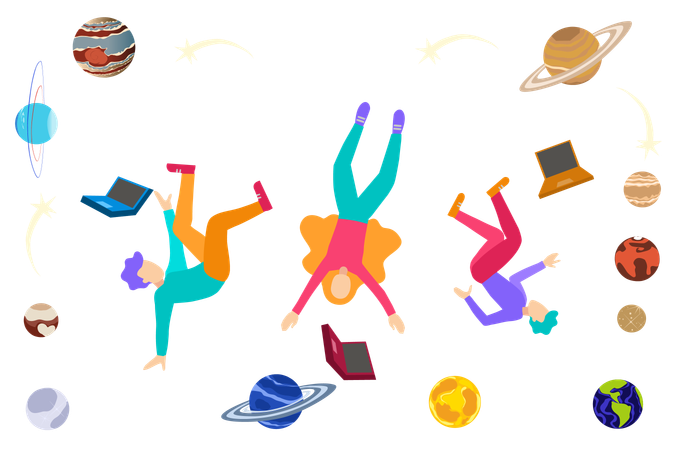 Young college students floating in space  Illustration