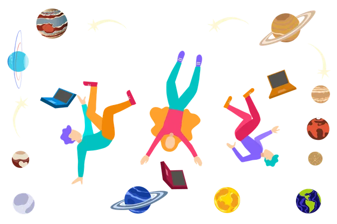 Young college students floating in space  Illustration