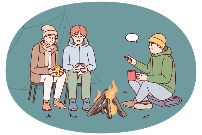 Young communicate while sitting around campfire during camping trip in nature  Illustration
