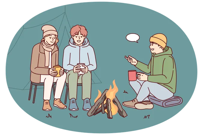 Young communicate while sitting around campfire during camping trip in nature  Illustration