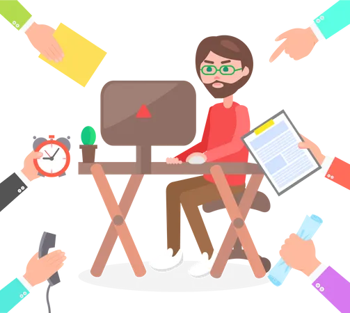 Young Computer Specialist Sitting By Table Banner Isolated On Blue Vector Illustration Of Hands Point At Man And Holding Clock Phone Or Documents 일러스트레이션