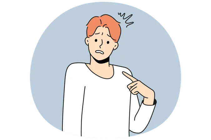 混乱した若い男性が自分自身を指して、不安と欲求不満を感じている  イラスト