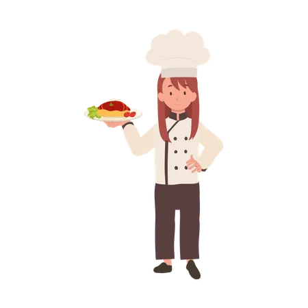 Young Cook in Chef Hat Prepares Delicious Spaghetti  イラスト