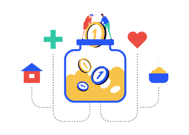 Young couple adding coins into jar and doing budget planning  Illustration