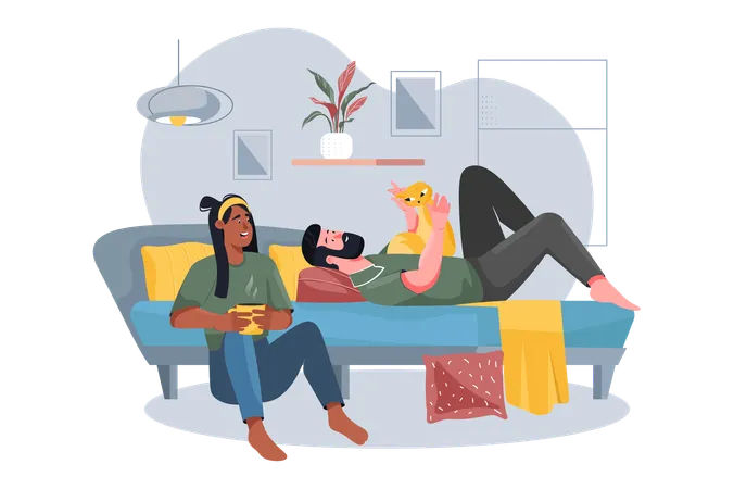 People Relaxing In A Cozy Bedroom Yellow Concept With People Scene In The Flat Cartoon Design Illustration