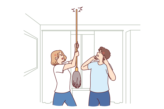 Young couple bangs on ceiling with mop  Illustration