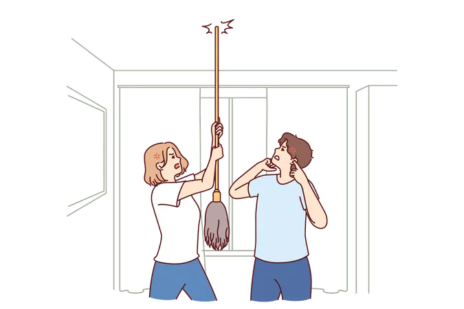Young Couple Bangs On Ceiling With Mop Urging Neighbors To Stop Party Or Turn Off Loud Music Angry Men And Women Use Mop Suffer From Noisy Neighbors Not Respecting Rules Of Living Together Illustration