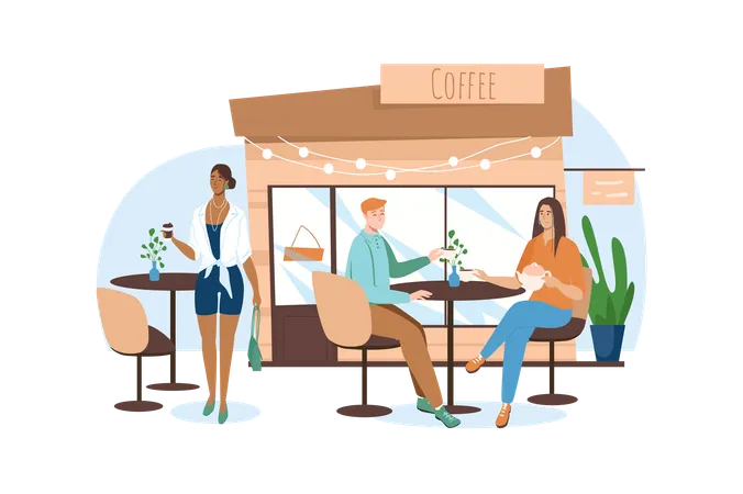 Shop Blue Concept With People Scene In The Flat Cartoon Design Young Couple Bought Coffee From The Store And Decided To Drink It On The Terrace Vector Illustration Illustration
