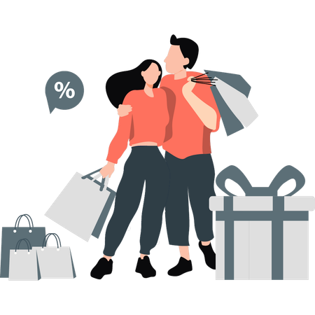 Young couple buy lot of things on discount  Illustration