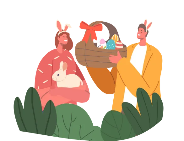 Young Couple Characters Celebrate Easter Man And Woman Wear Rabbit Ears Basket With Colorful Painted Eggs And Cute Bunny Animals On Hands Prepare For Holiday Cartoon People Vector Illustration Illustration