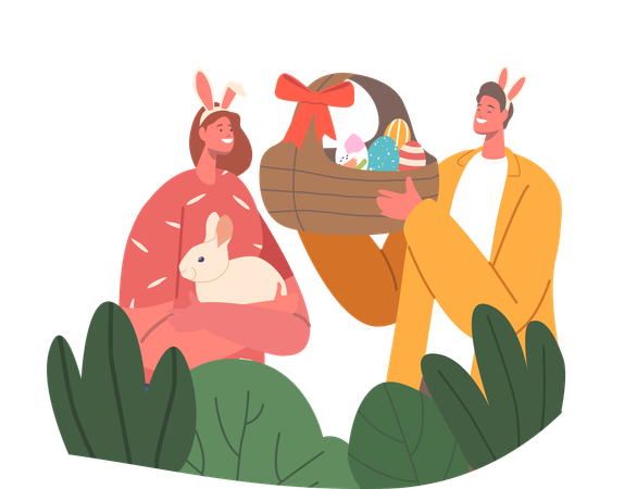 Young Couple Celebrate Easter  Illustration