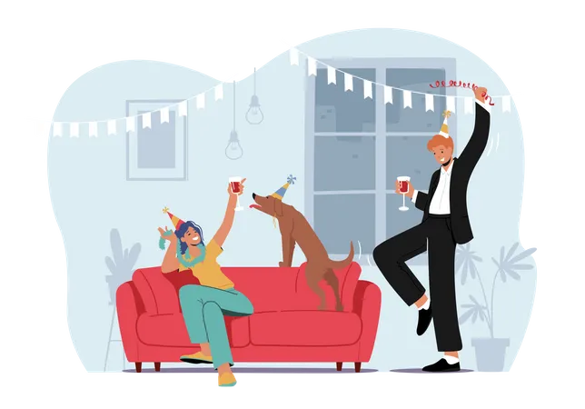 Young Couple Celebrate Home Party with Funny Dog Drinking Cocktails or Alcohol Illustration