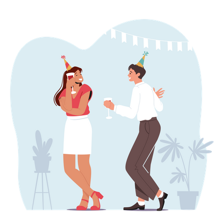 Young Couple Celebrating Party or Communicating on Home Party Illustration