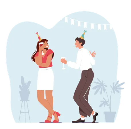 Young Couple Celebrating Party or Communicating on Home Party Illustration