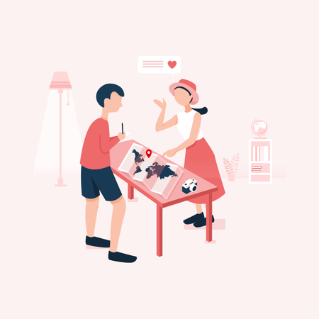 Young Couple choosing place in map for travelling Illustration