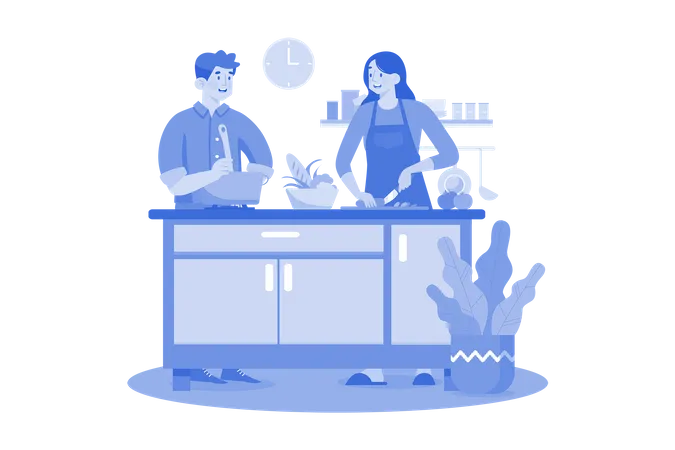 Young couple cooking dinner together at home  Illustration