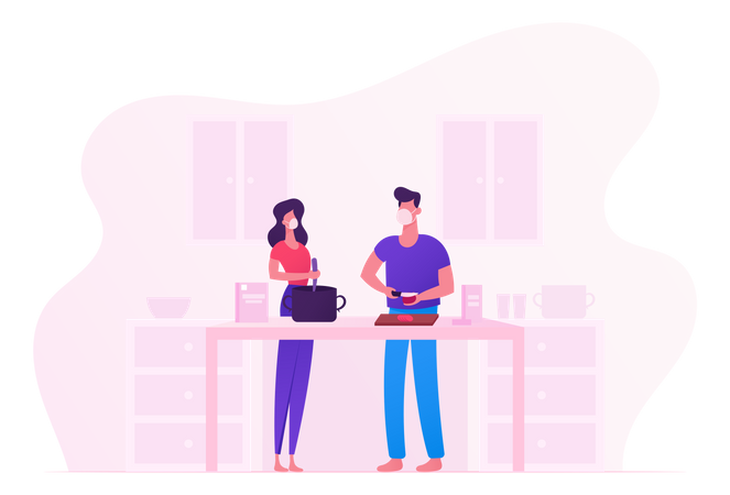 Young Couple Cooking On Kitchen During Covid19 Illustration
