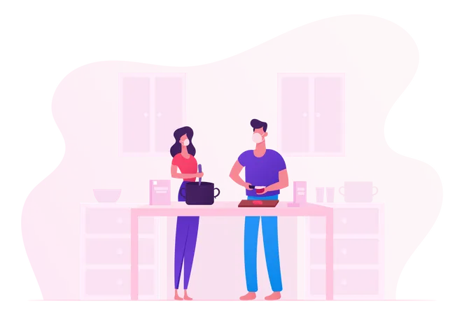 Young Couple Cooking On Kitchen During Covid19 Illustration