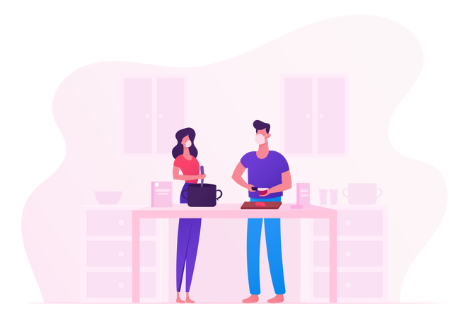 Young Couple Cooking On Kitchen During Covid19  Illustration