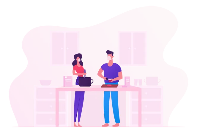 Young Couple Cooking On Kitchen During Covid19  Illustration