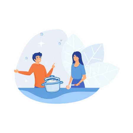 Young couple cooking together Illustration