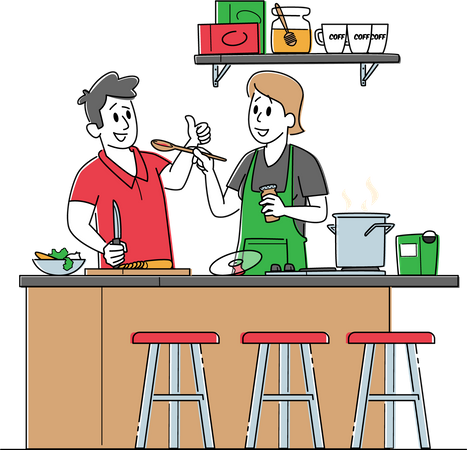 Young Couple Cooking Together on Kitchen Illustration