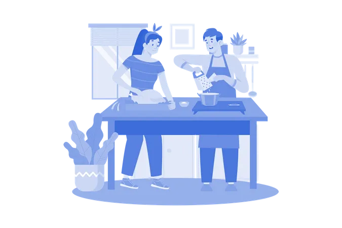 Young couple cooking turkey together at home  Illustration