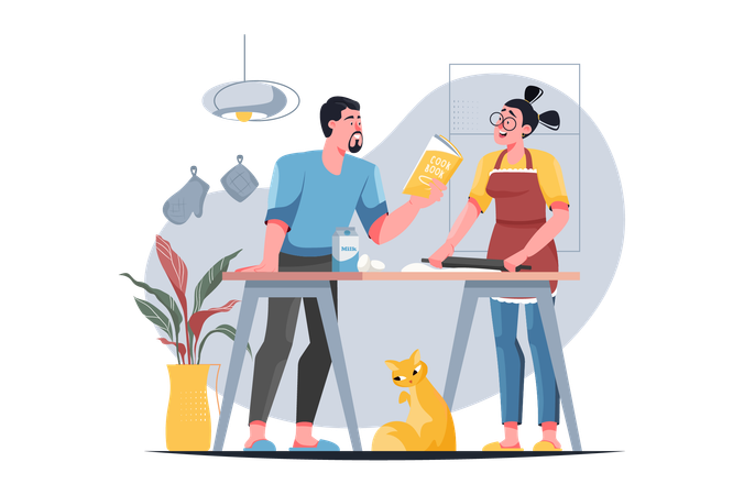 Young couple decided to cook a new dish together  Illustration