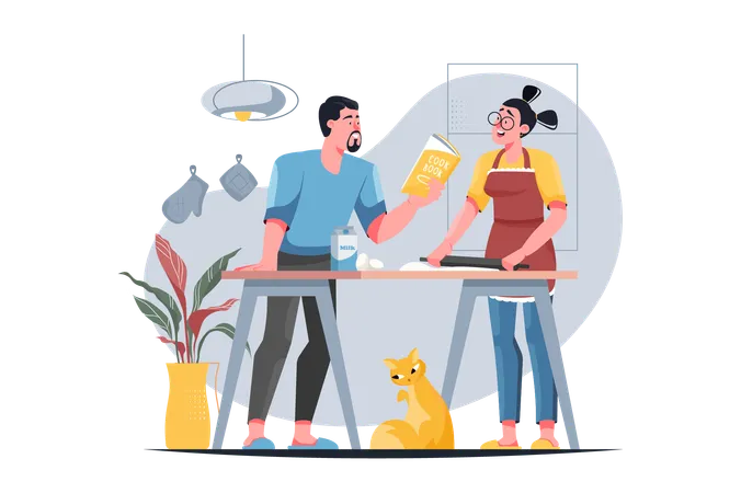 Cooking At Home Yellow Concept With People Scene In The Flat Cartoon Design Illustration