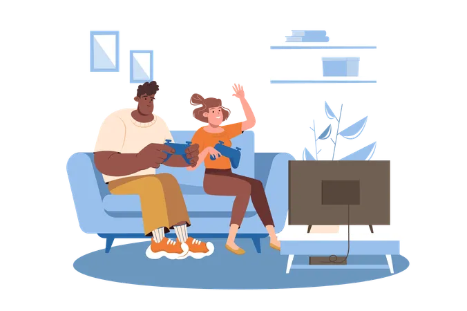 Gaming Blue Concept With People Scene In The Flat Cartoon Style Illustration