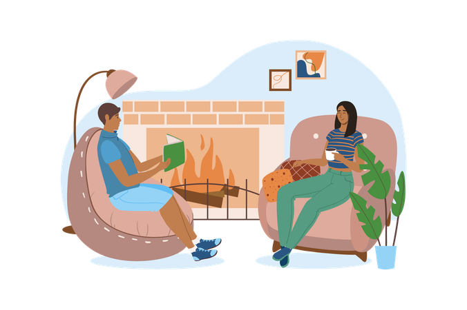 Young couple decided to relax and spend time together by the fireplace  Illustration