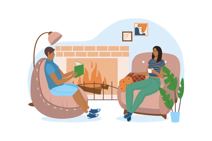 Interior Blue Concept With People Scene In The Flat Cartoon Design Young Couple Decided To Relax And Spend Time Together By The Fireplace Vector Illustration Illustration