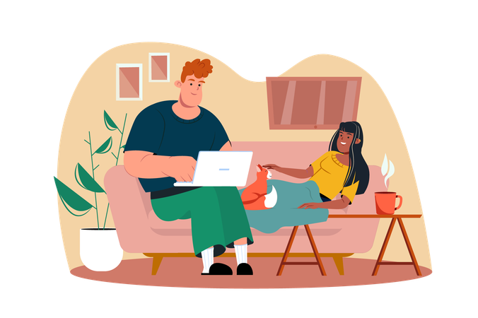 Young couple decided to stay at home for the weekend and relax together  Illustration