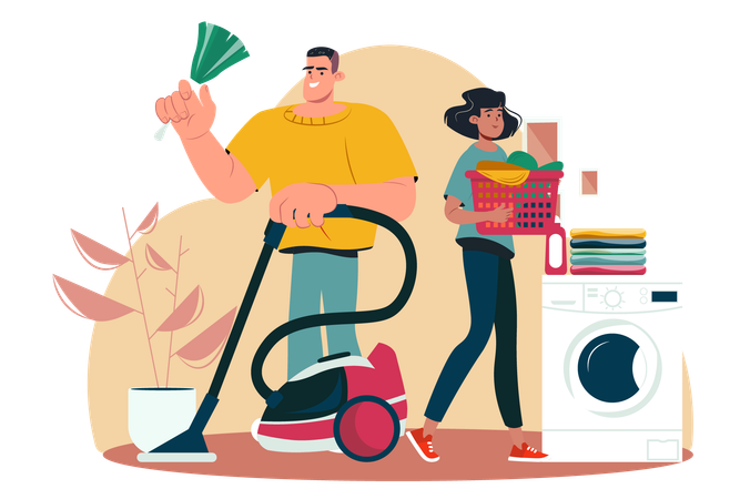 Young couple do household chores together to help each other  Illustration