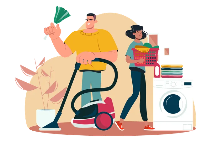 Young couple do household chores together to help each other  Illustration