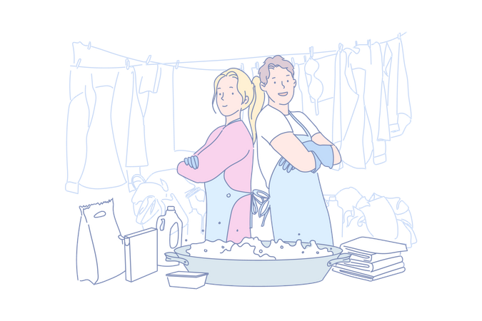 Young couple doing laundry work  Illustration