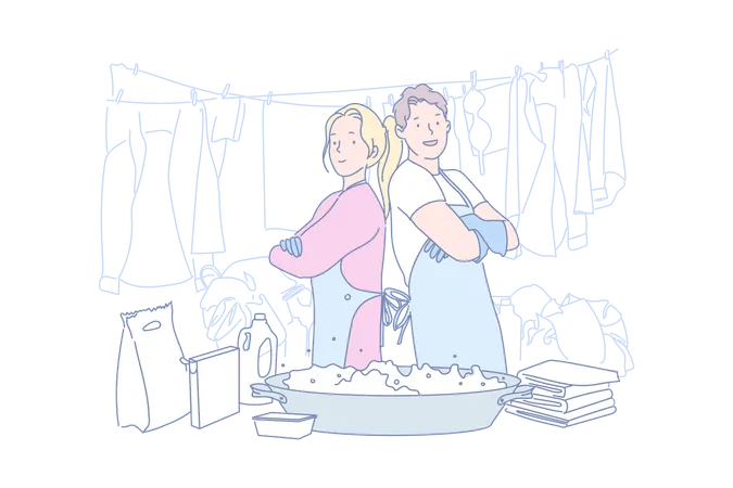 Young couple doing laundry work  Illustration